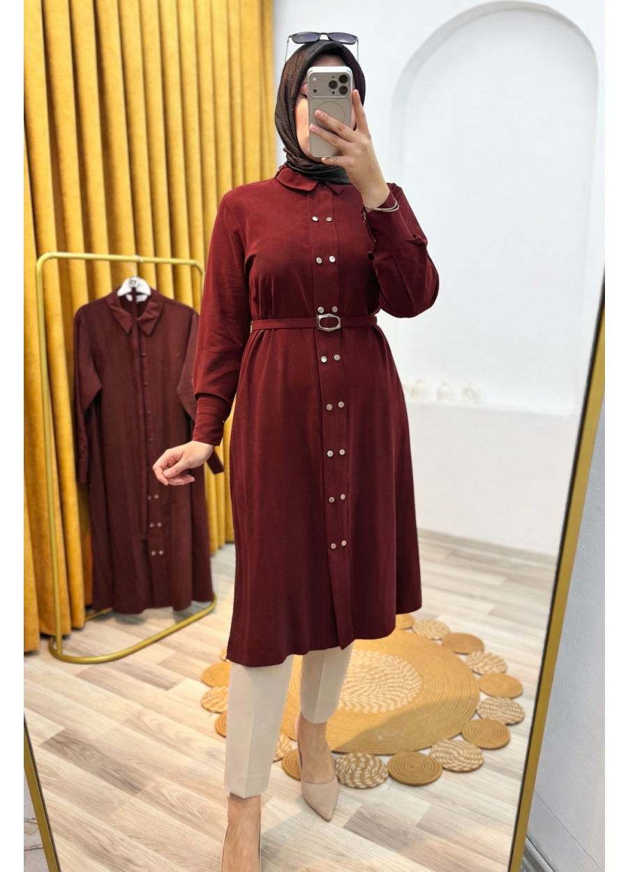 Kemerli Düğmeli Tencel Kumaş Tesettür Tunik Bordo