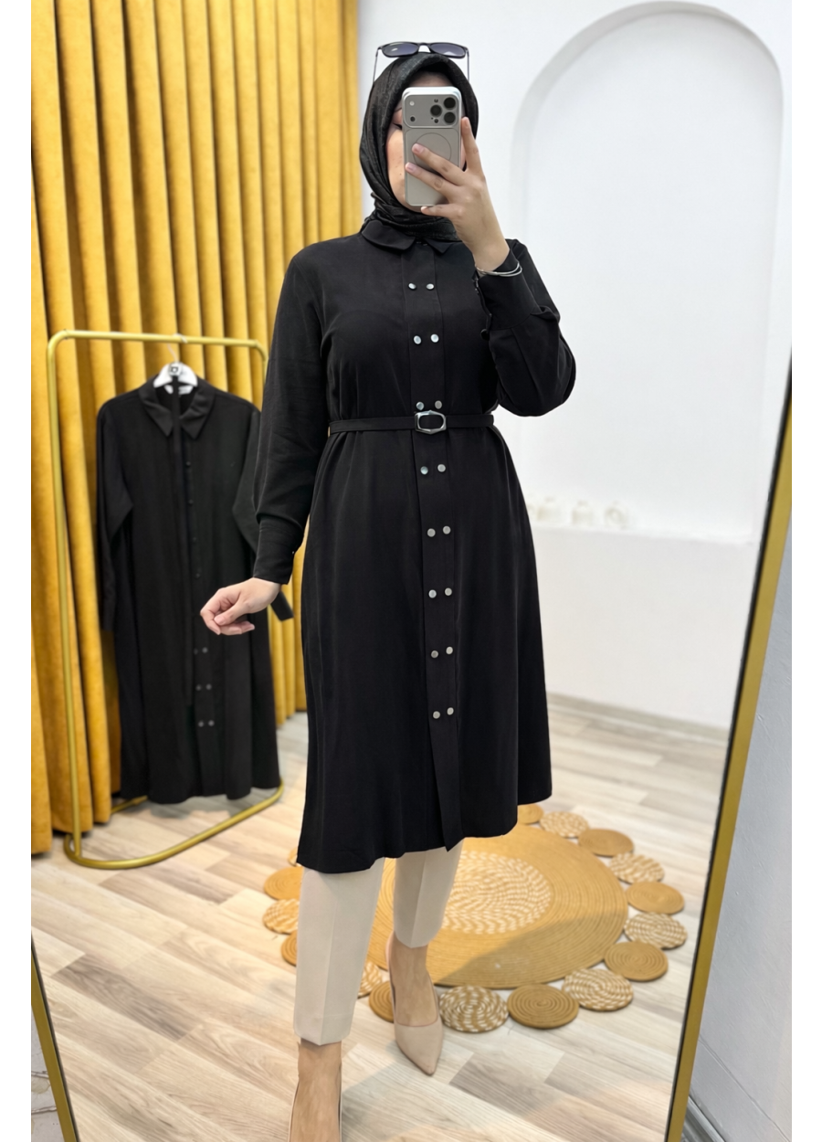 Kemerli Düğmeli Tencel Kumaş Tesettür Tunik Siyah