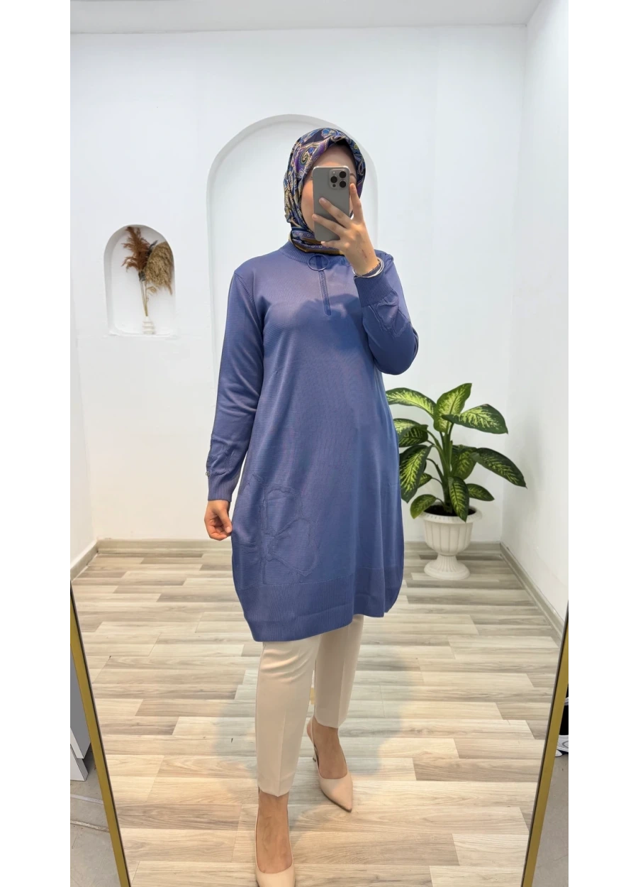 Armine Trend Omuz Desenli Çiçek Baskılı  Triko Tunik İndigo