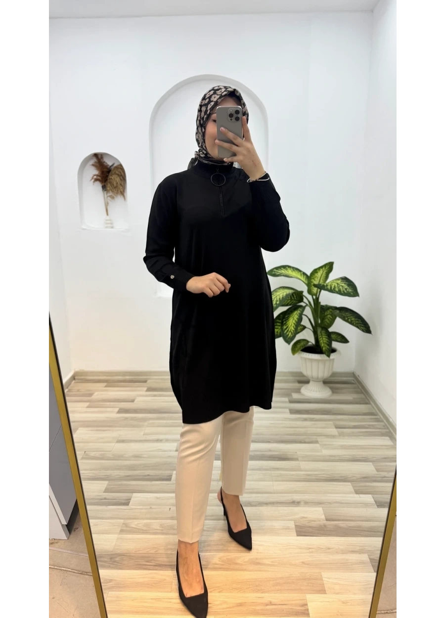 Armine Trend Omuz Desenli Çiçek Baskılı  Triko Tunik Siyah