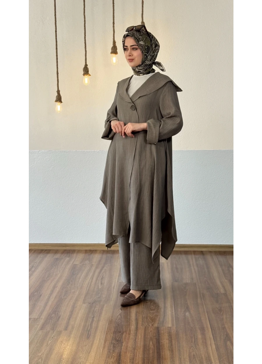Armine Trend Şal Yaka Üçlü Pantolonlu Takım Haki