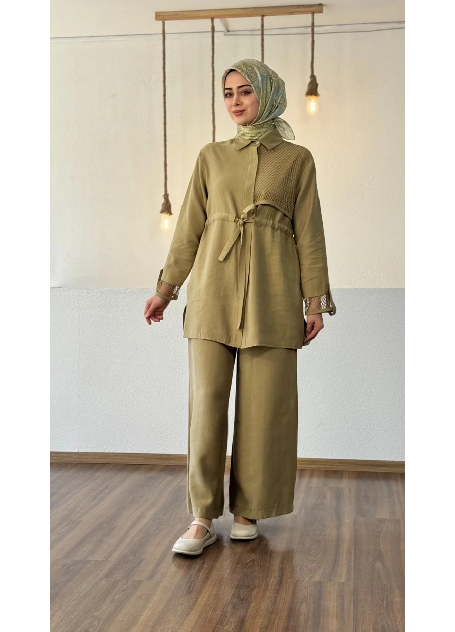 Armine Trend Kol Ucu File Detay Pantolonlu Takım Yağ Yeşili