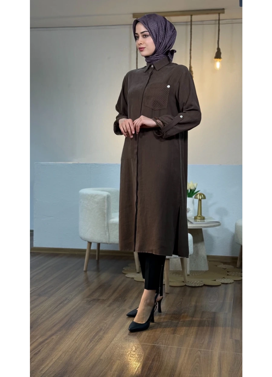 Armine Trend File Detaylı Uzun Tunik Kahverengi