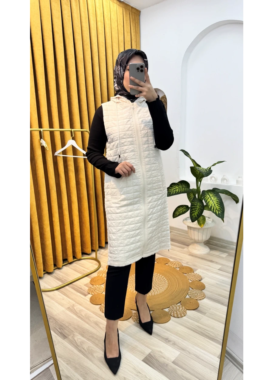 Büyük Beden Kapitone Yelek Ekru