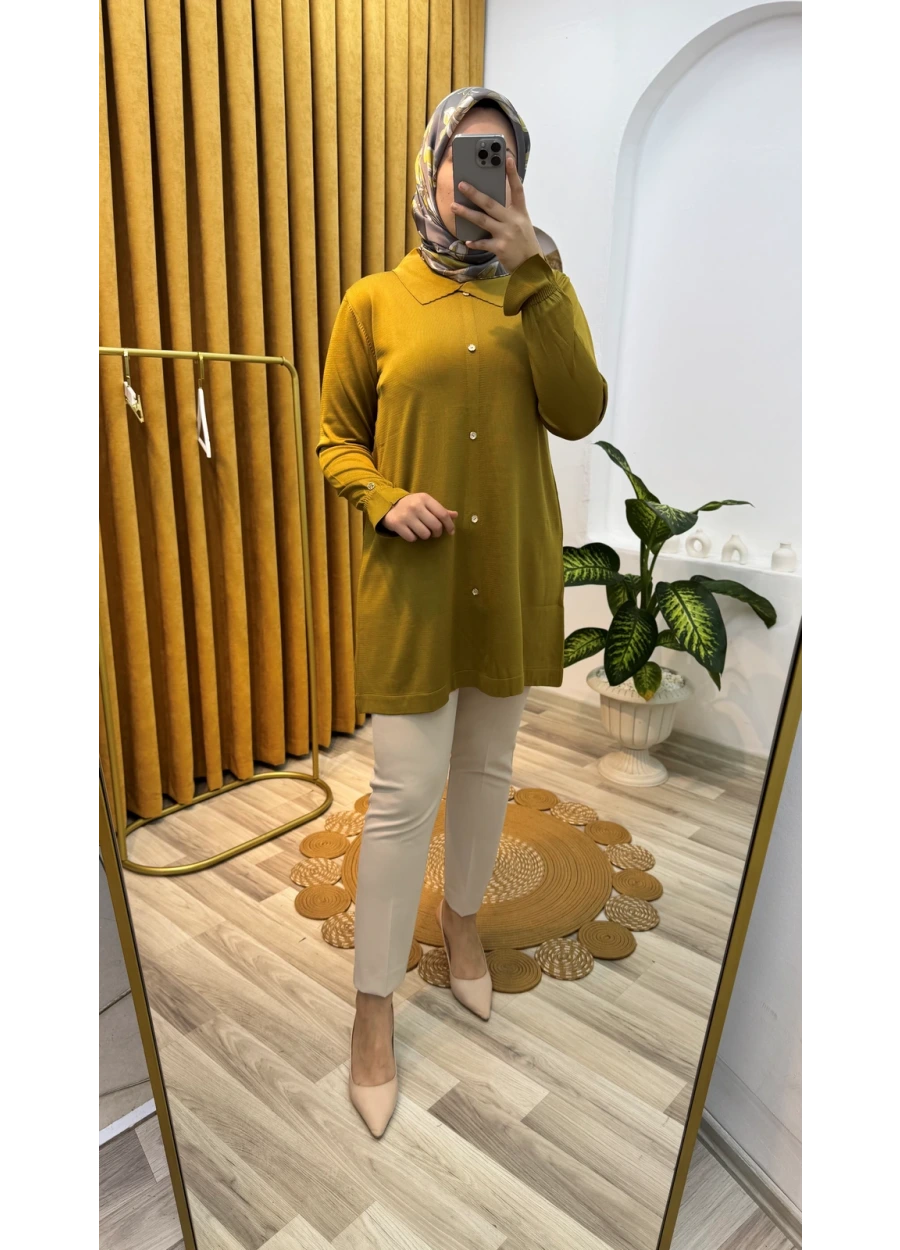 Armine Trend Düğme Detaylı Gömlek Yaka Triko Yağ Yeşili