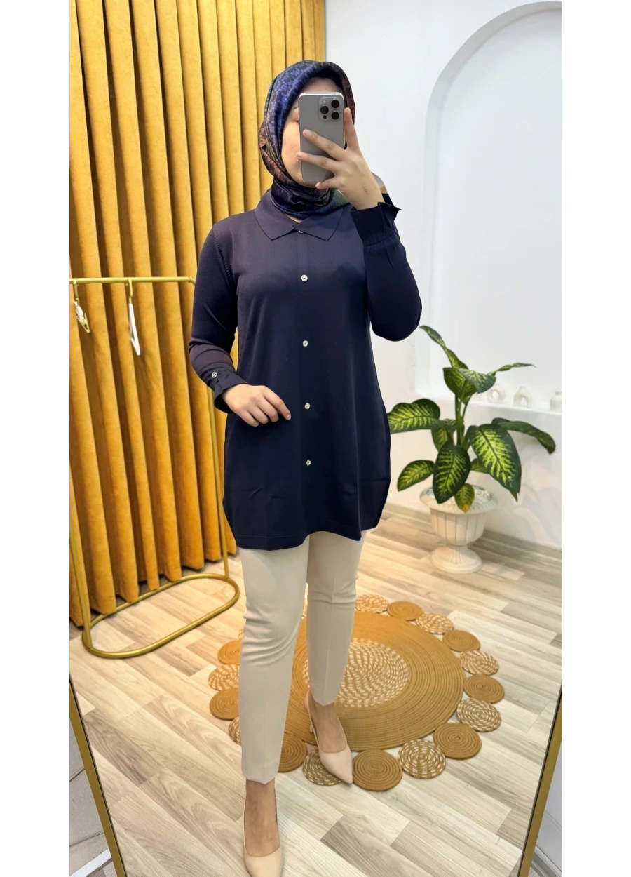 Armine Trend Düğme Detaylı Gömlek Yaka Triko Lacivert
