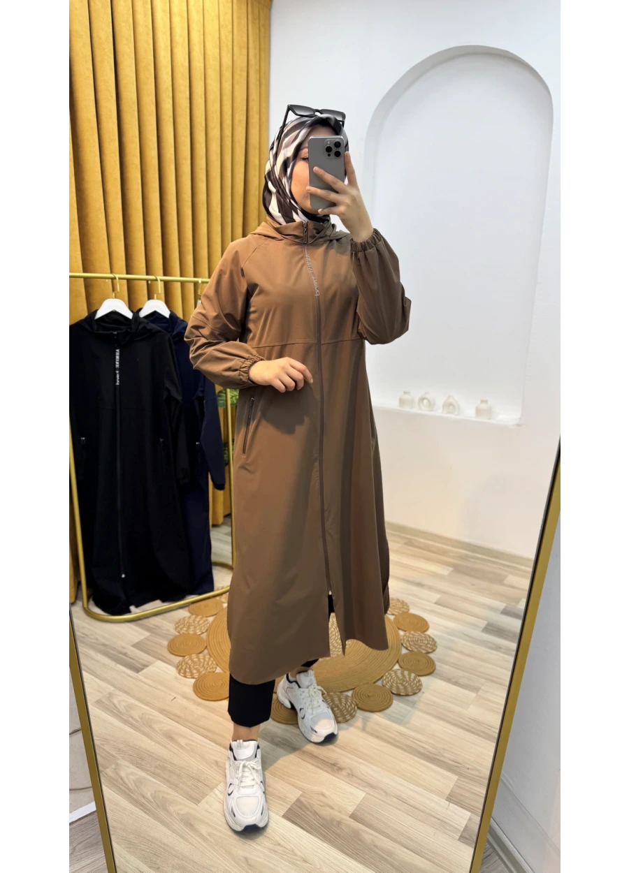 Armine Trend Yazı Detay Fermuarlı Uzun Kap Vizon