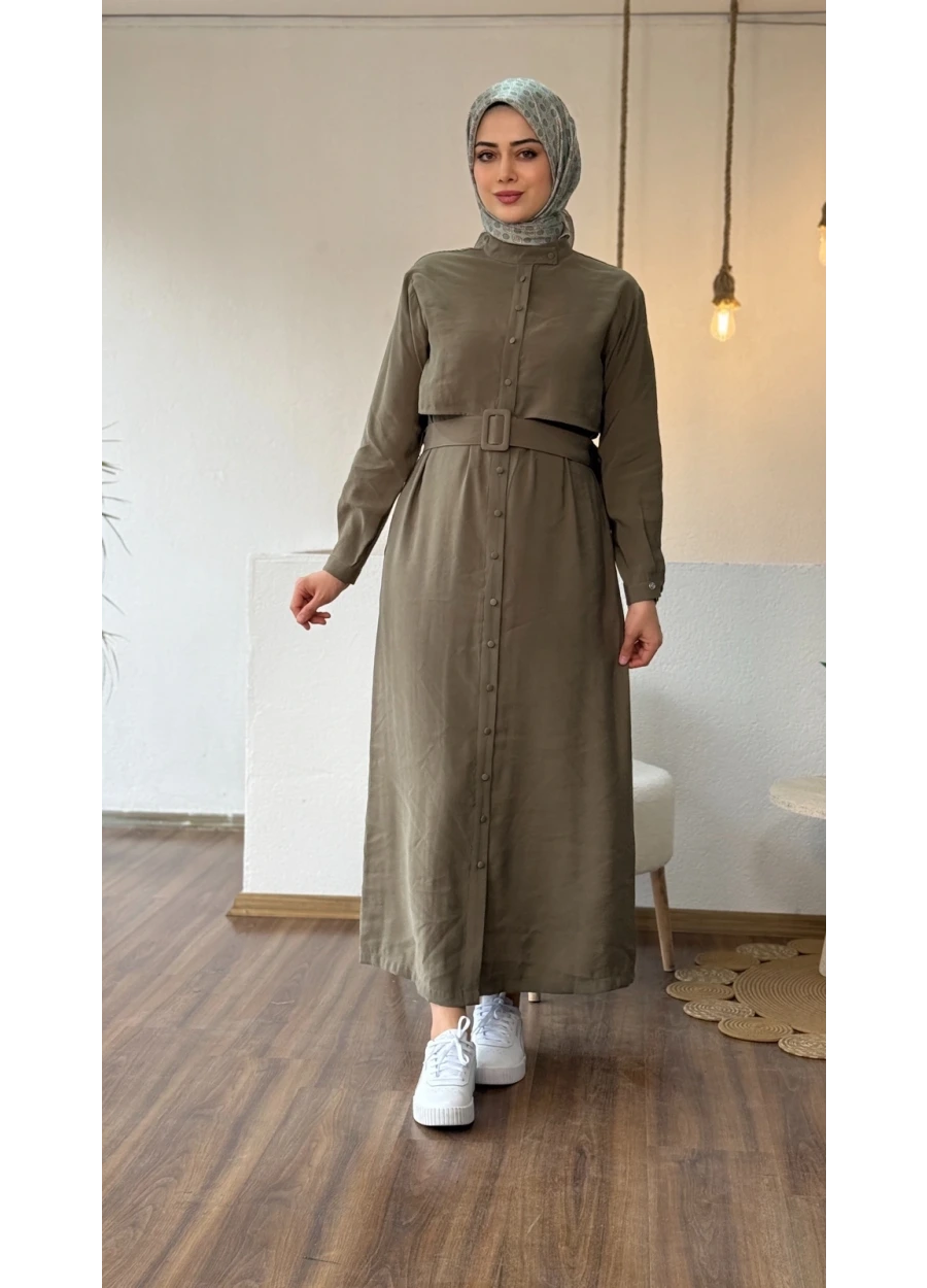 Armine Trend Kemer Detay Düğmeli Elbise Küf Yeşili