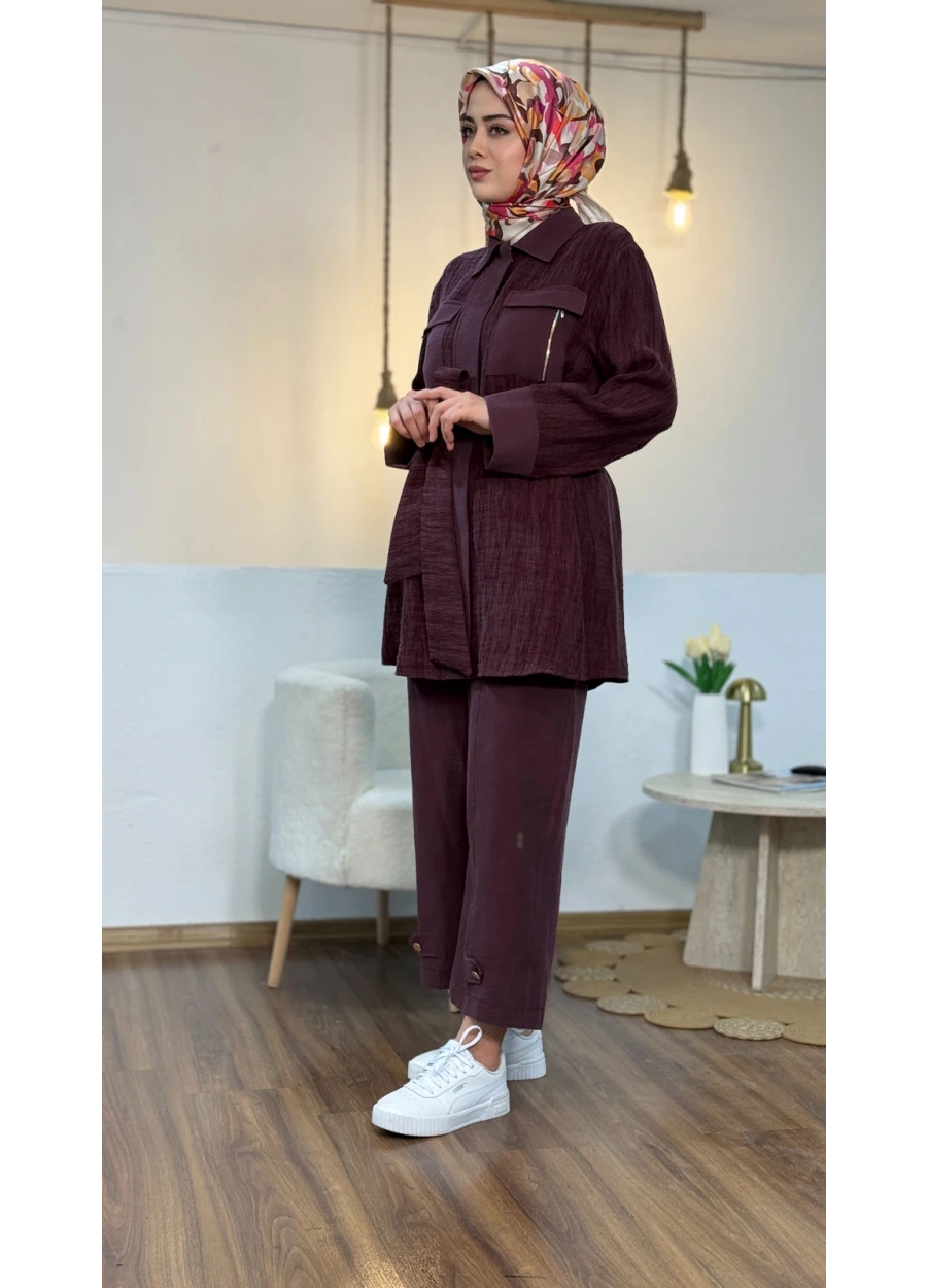 Armine Trend Cepleri Fermuar Detay Pantolonlu Takım Mürdüm