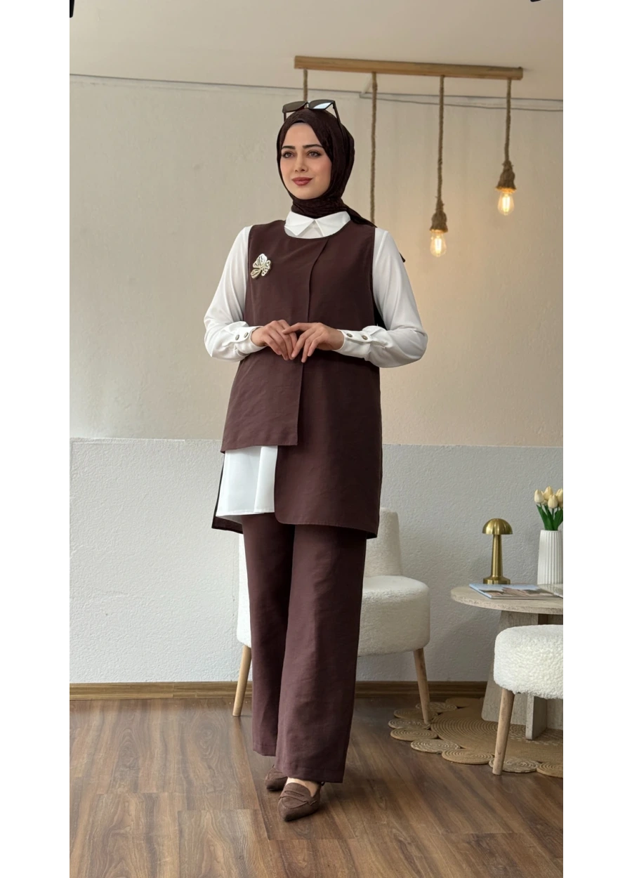 Esswaap Broş Detaylı Pantolonlu Takım Kahverengi