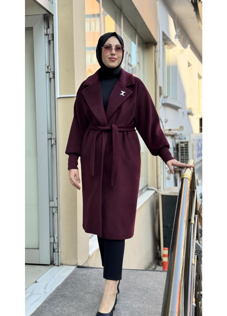  Esswaap Broş Detaylı Ribana Kollu Kaban Bordo