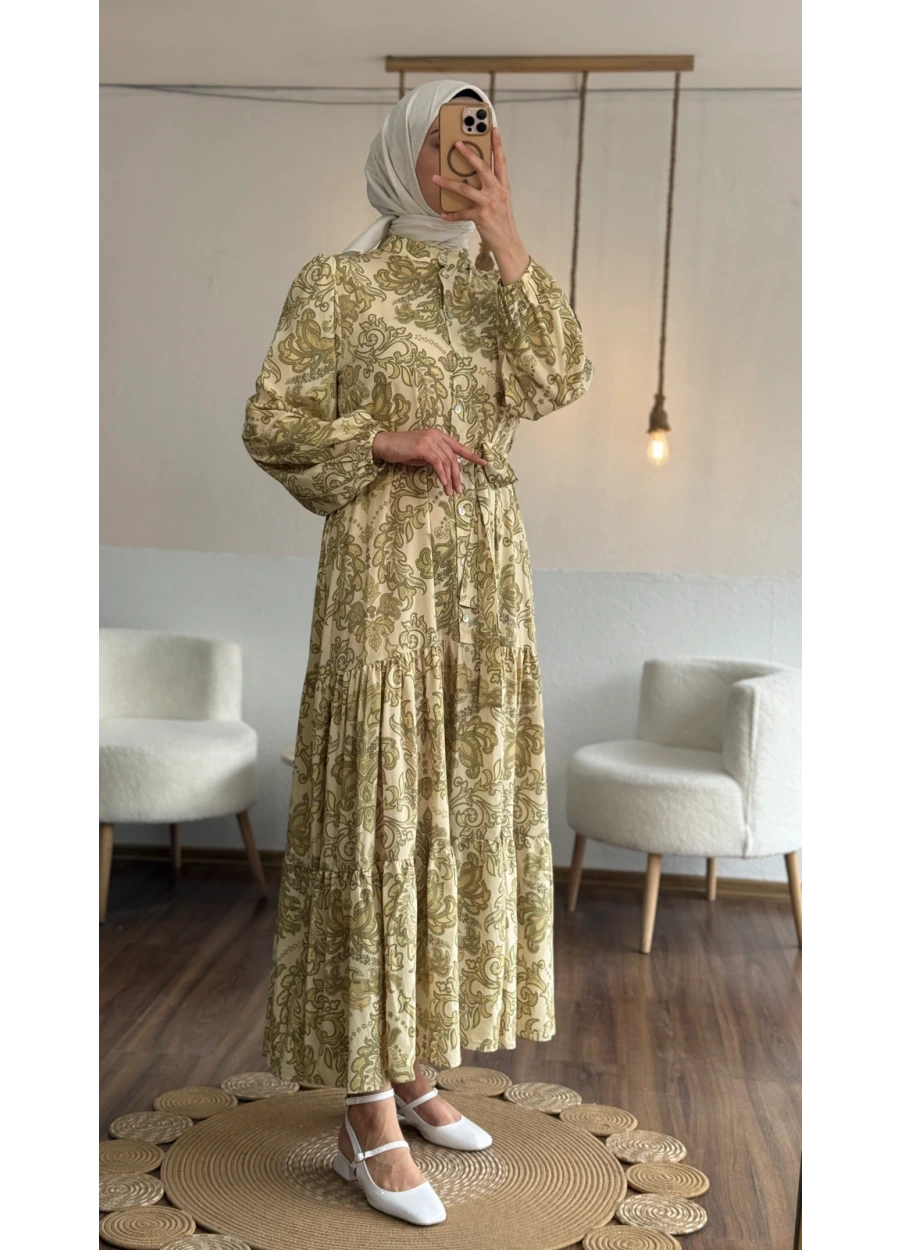 Puane Şal Desenli Elbise Haki
