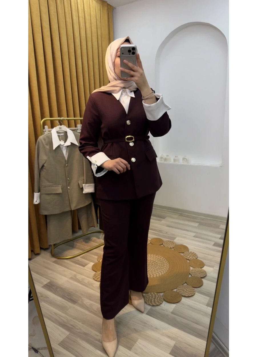 Gömlek Detaylı Ceketli Takım Bordo
