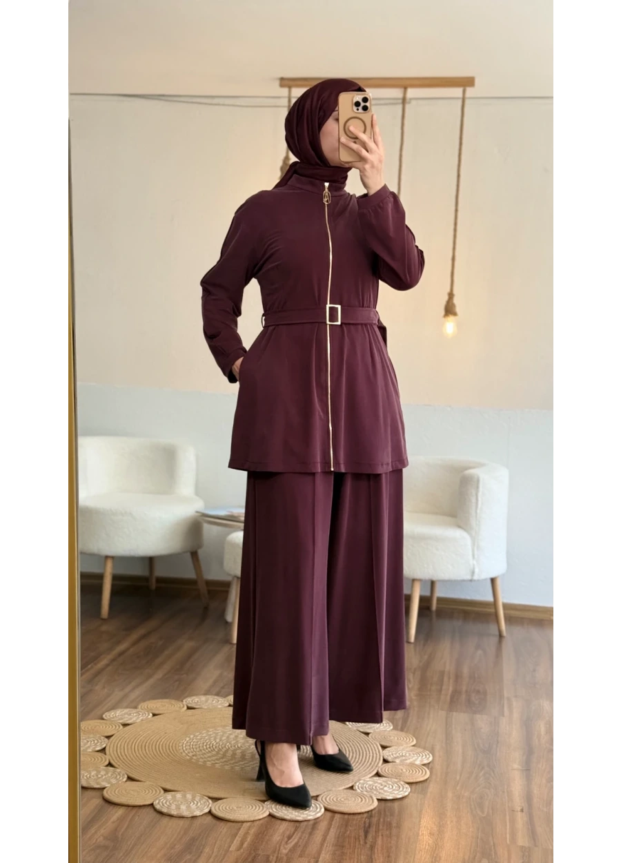 Armine Trend Kemer Detay Pantolonlu Takım Mürdüm