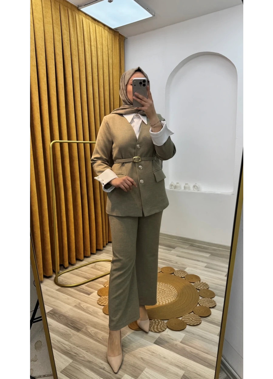 Gömlek Detaylı Ceketli Takım Haki