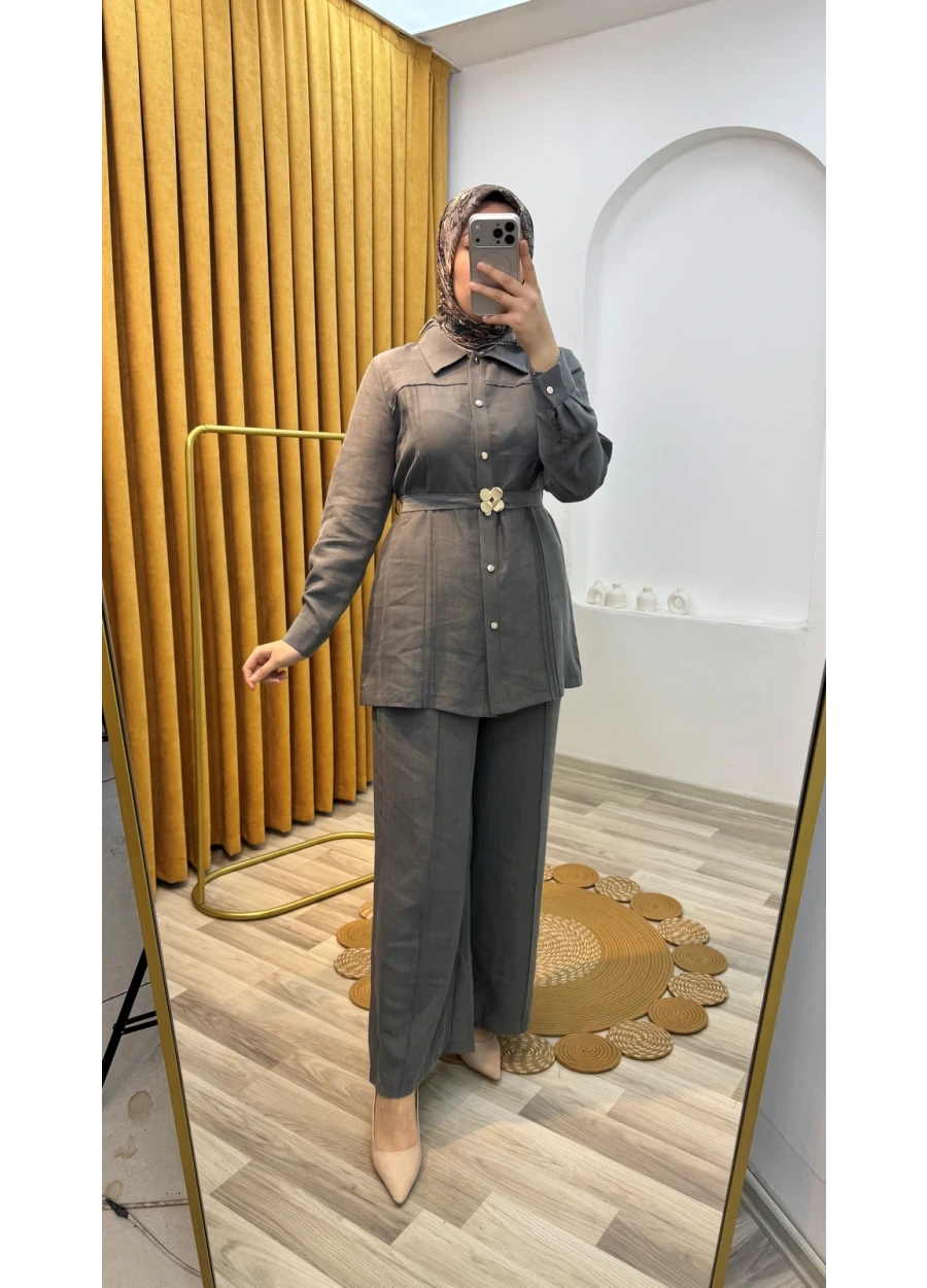 Önü Kemerli Pantolonlu Takım Füme Gri