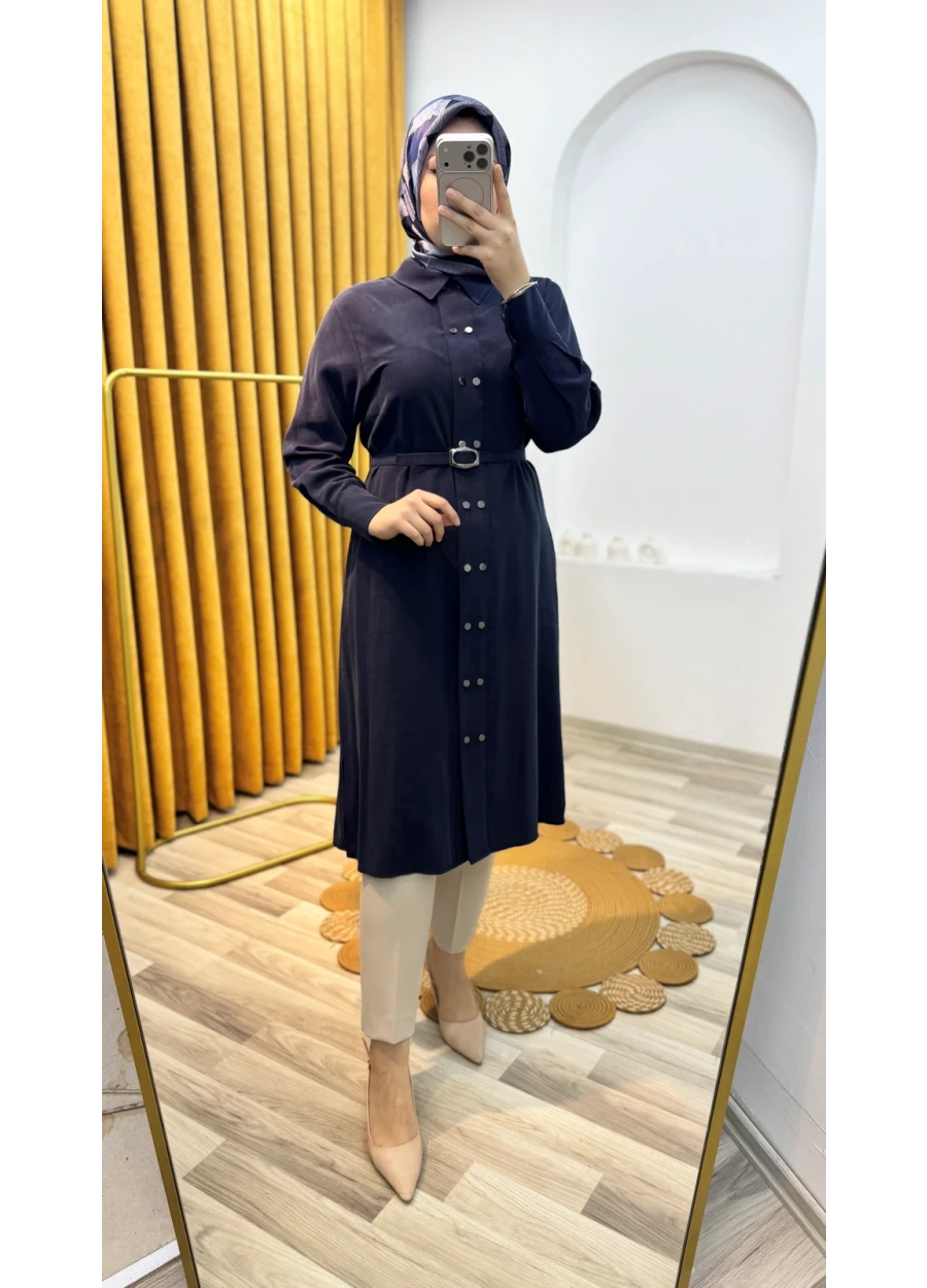 Kemerli Düğmeli Tencel Kumaş Tesettür Tunik Lacivert