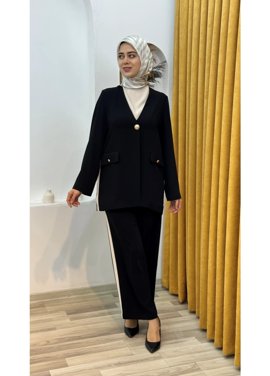 Yanları Şerit Detaylı Pantolonlu Zarif Takım Siyah