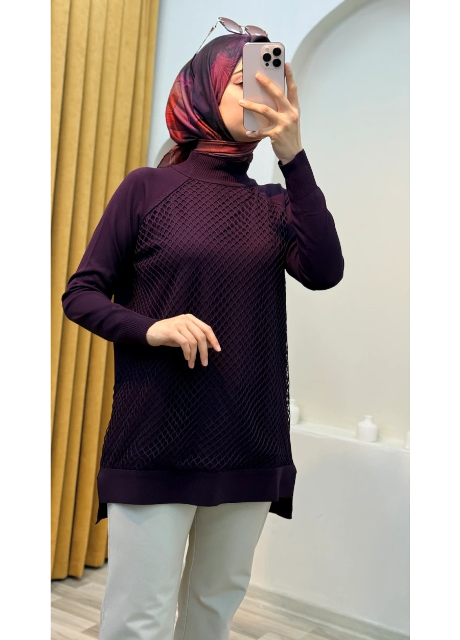 Vivalolita Önü Fırfırlı Triko Tunik Mürdüm