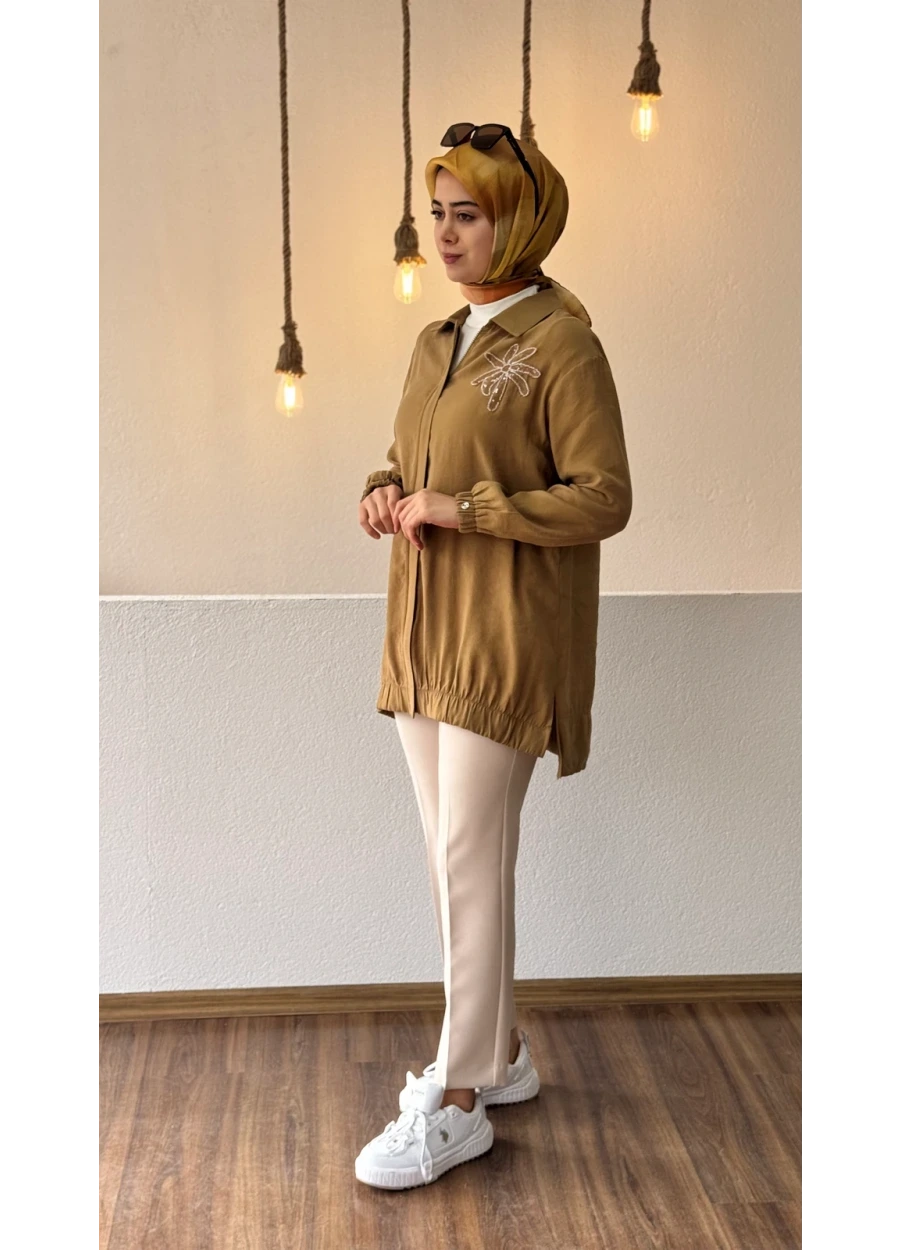 Armine Trend Yaka Palmiye Taş İşlemeli Tunik Hardal