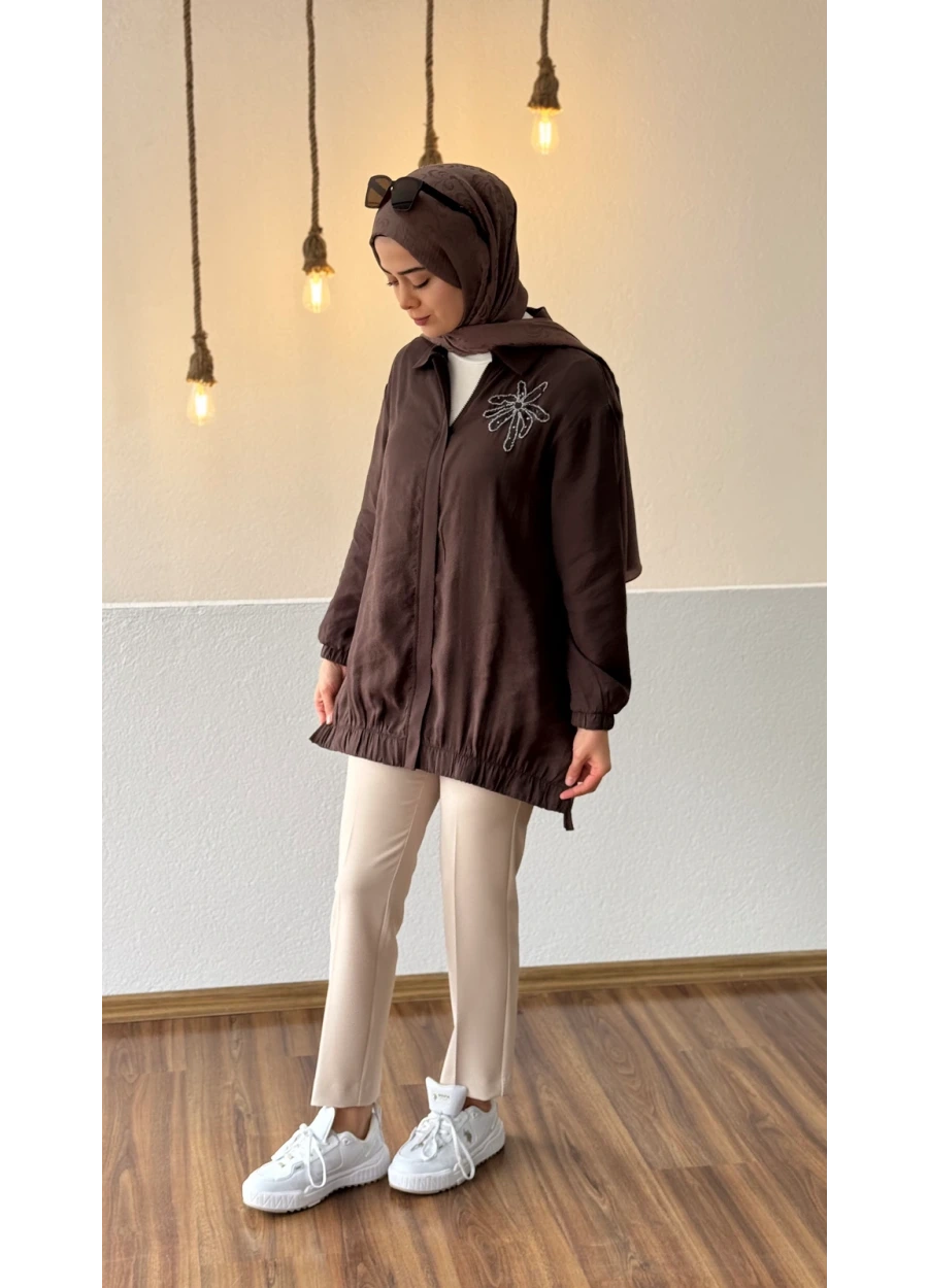 Armine Trend Yaka Palmiye Taş İşlemeli Tunik Kahverengi