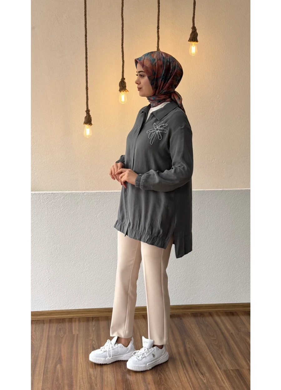 Armine Trend Yaka Palmiye Taş İşlemeli Tunik Petrol