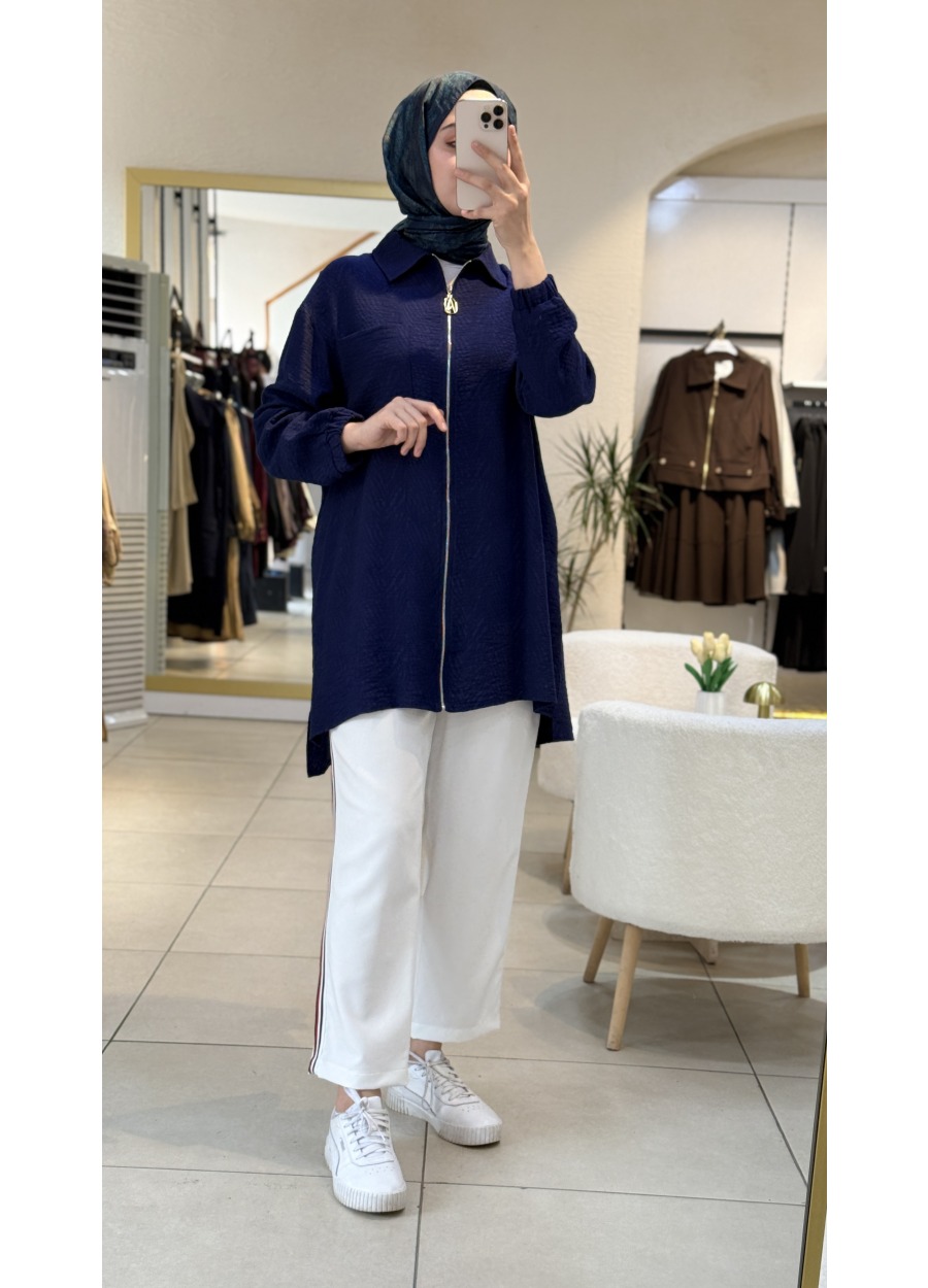 Armine Trend Fermuarlı Tunik ve Şerit Detaylı Pantolon İkili Takım Lacivert