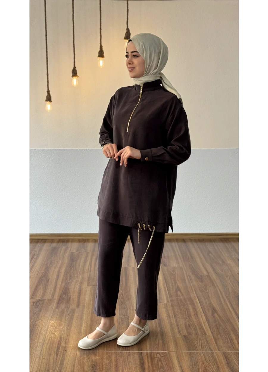 Marcha Patı Fermuarlı Eteği Zincirli Pantolon Takım Kahverengi