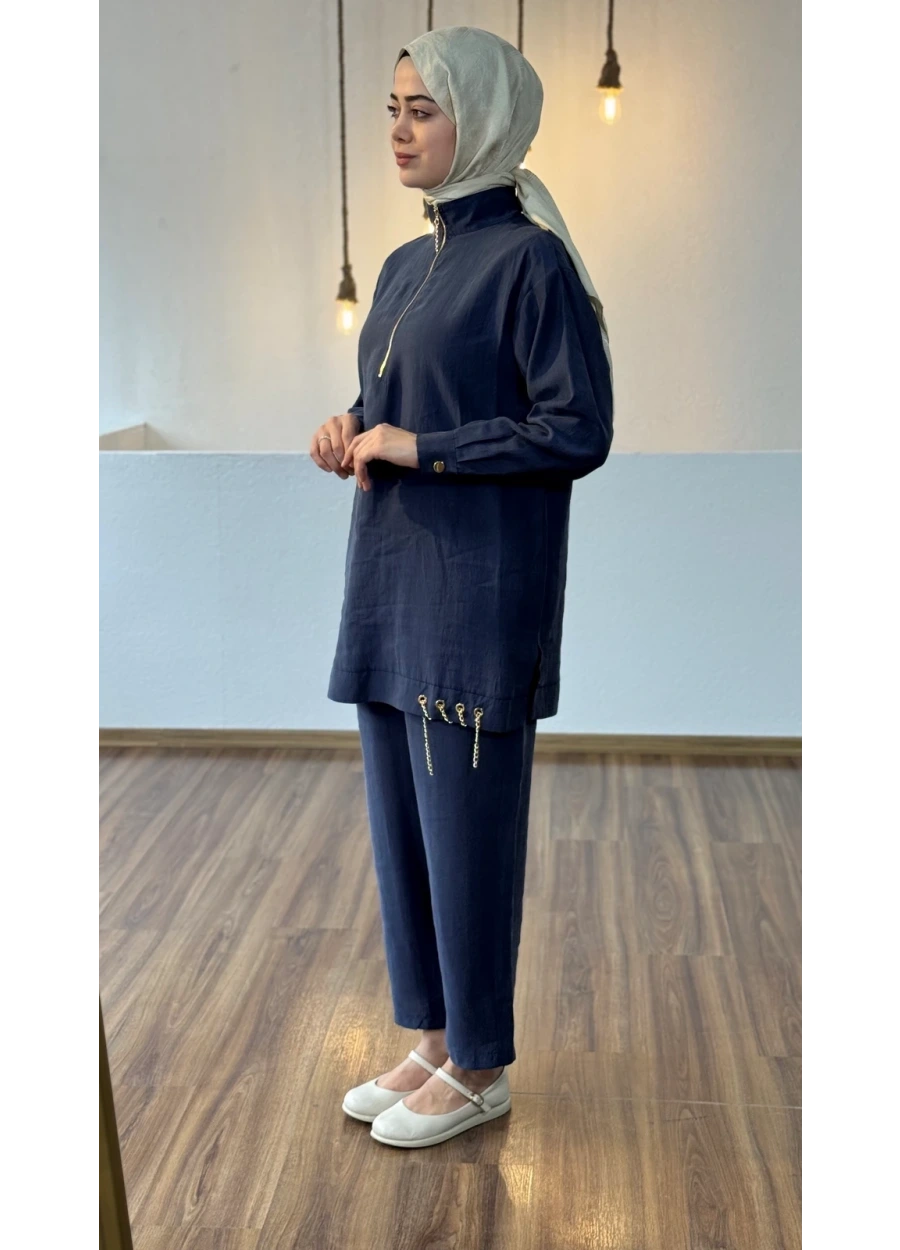 Marcha Patı Fermuarlı Eteği Zincirli Pantolon Takım Lacivert