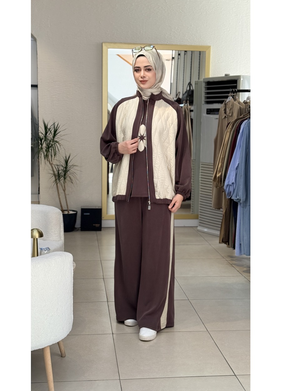 Qashe Oysho Kumaş Spor Üçlü Pantolonlu Takım Kahverengi