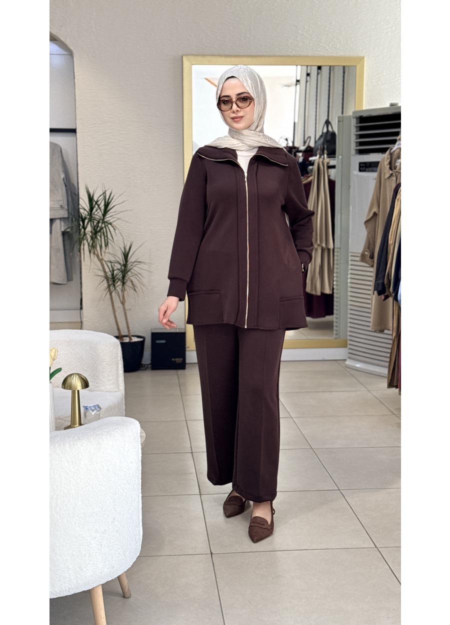 Esswaap Fermuar Kapamalı Pantolonlu Casual Takım Kahverengi