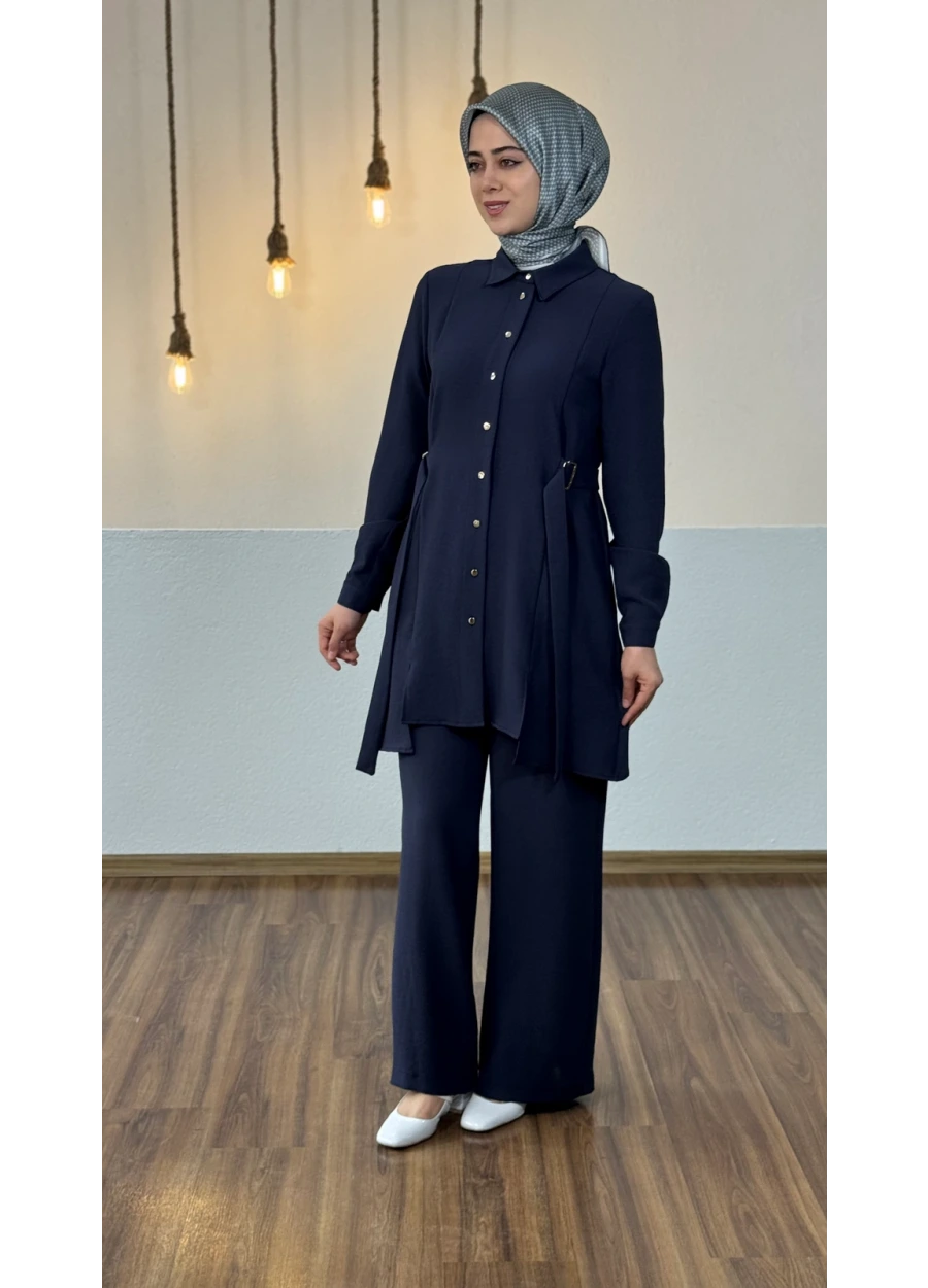 Armine Trend Kemer Detay Bol Paça Pantolonlu Takım Lacivert