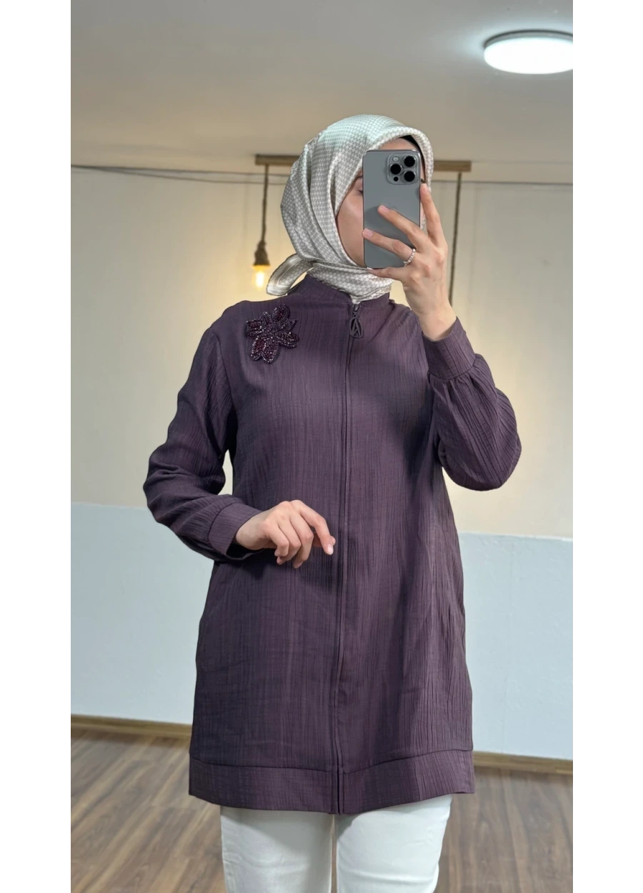 Armine Trend Yaka Boncuk İşlemeli Bomber Kap Vişne