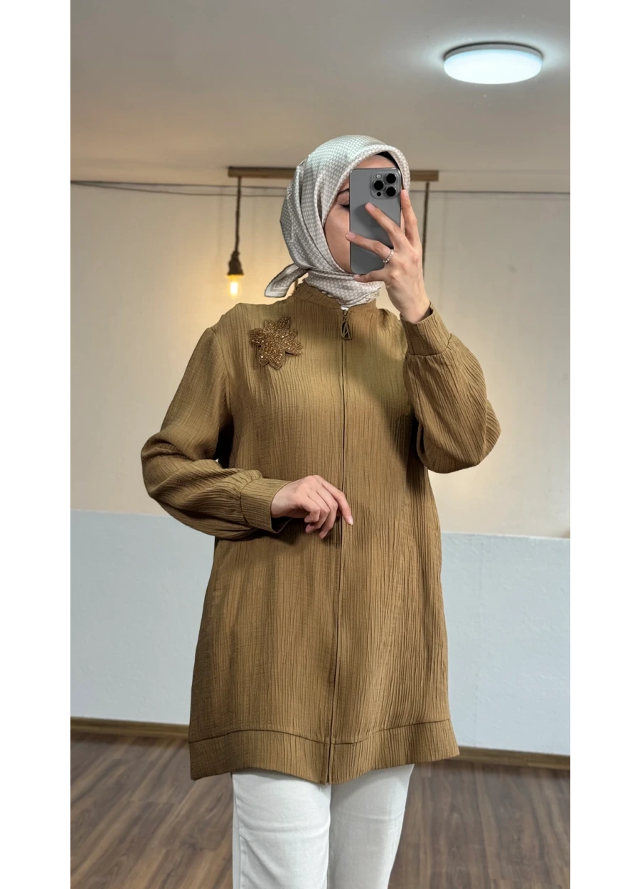 Armine Trend Yaka Boncuk İşlemeli Bomber Kap Yağ Yeşili