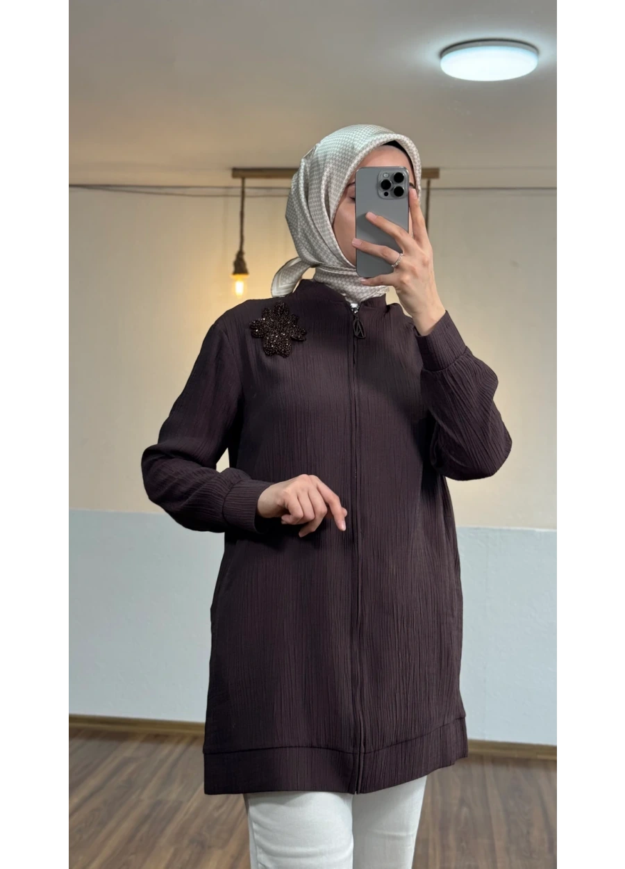 Armine Trend Yaka Boncuk İşlemeli Bomber Kap Kahverengi