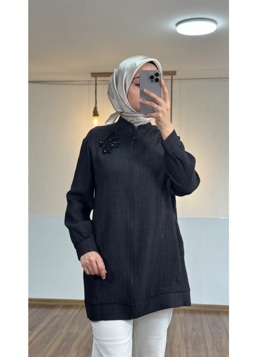Armine Trend Yaka Boncuk İşlemeli Bomber Kap Siyah