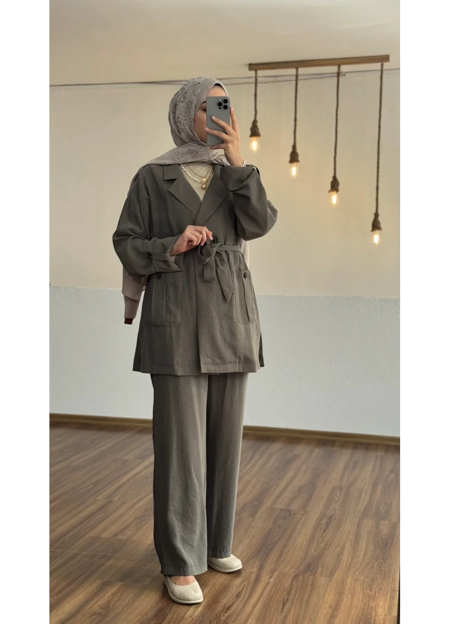 Armine Trend Kruvaze Ceketli Pantolonlu Takım Haki