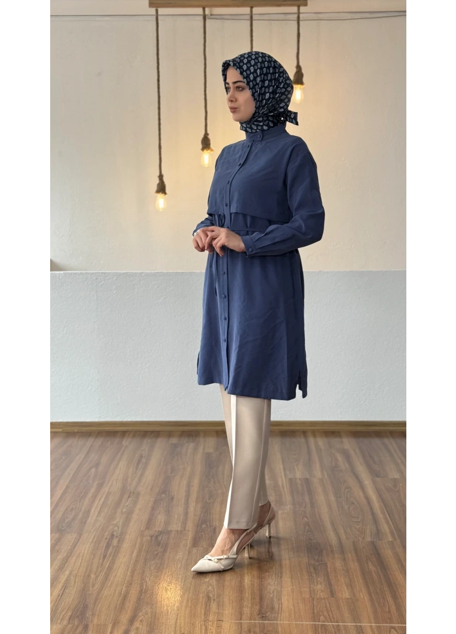 Armine Trend Aller Detaylı Beli İpli Uzun Tunik İndigo