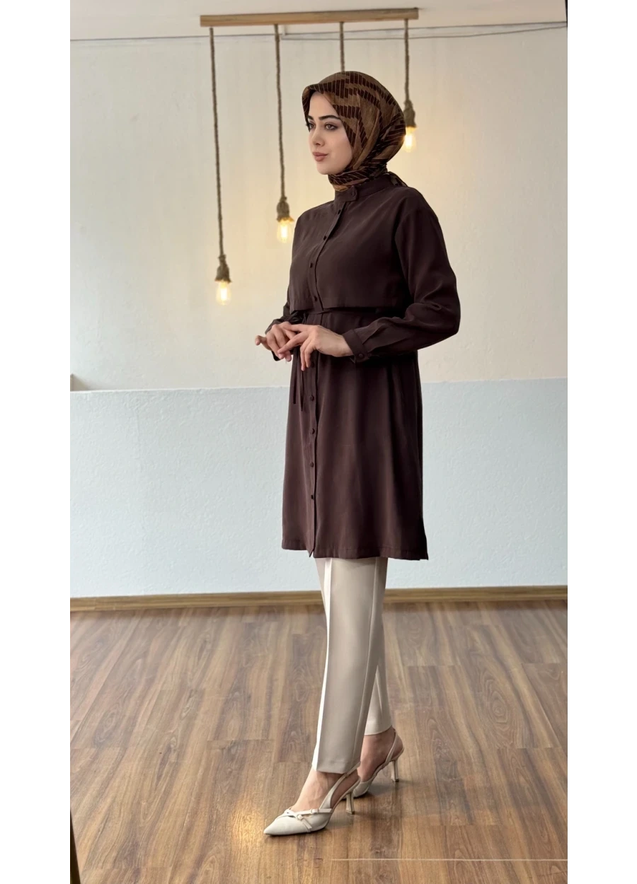 Armine Trend Aller Detaylı Beli İpli Uzun Tunik Kahverengi