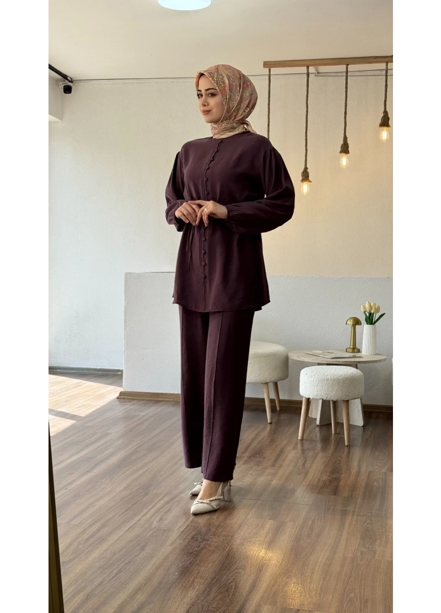 Armine Trend Sahte Düğme Detay Pantolonlu Takım Mürdüm