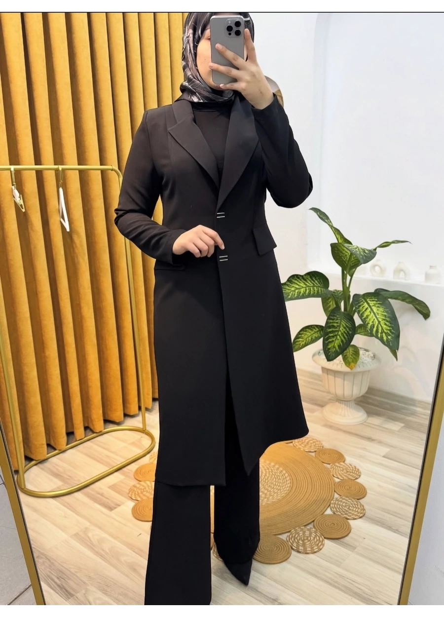 Esswaap Önden Çıt Çıt Kapamalı Uzun Ceket Pantolon Takım Siyah