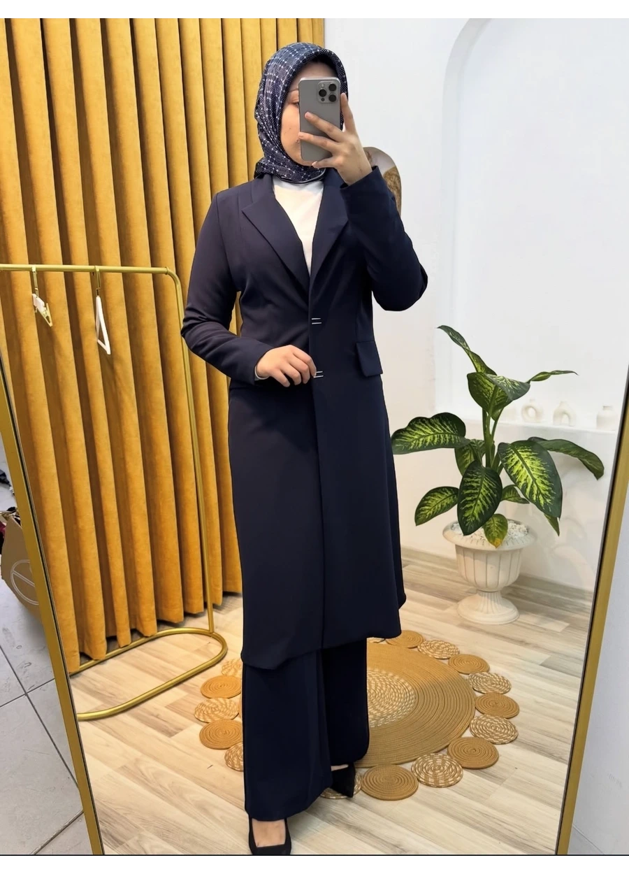 Esswaap Önden Çıt Çıt Kapamalı Uzun Ceket Pantolon Takım Lacivert