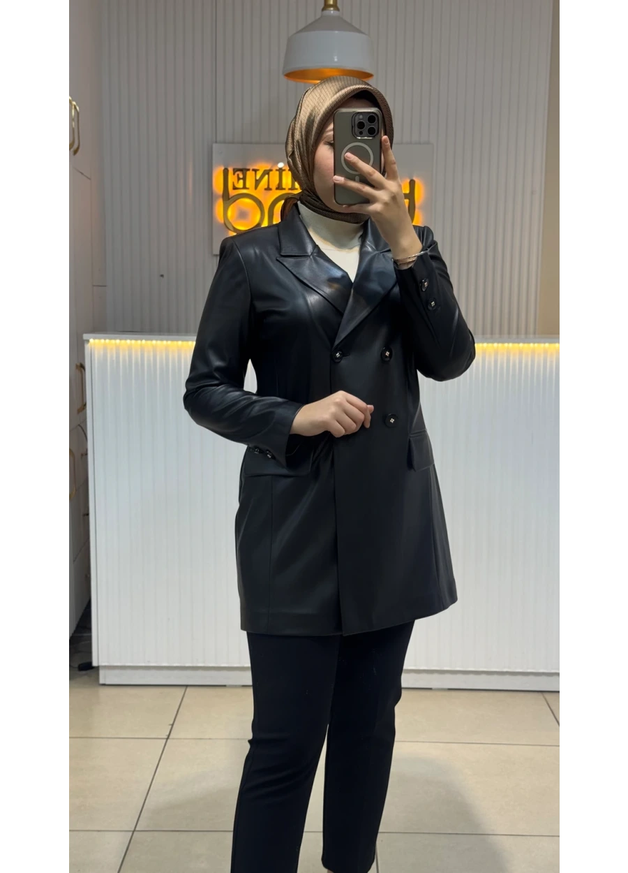 Esswaap Deri Görünümlü Çift Cepli Ceket Siyah