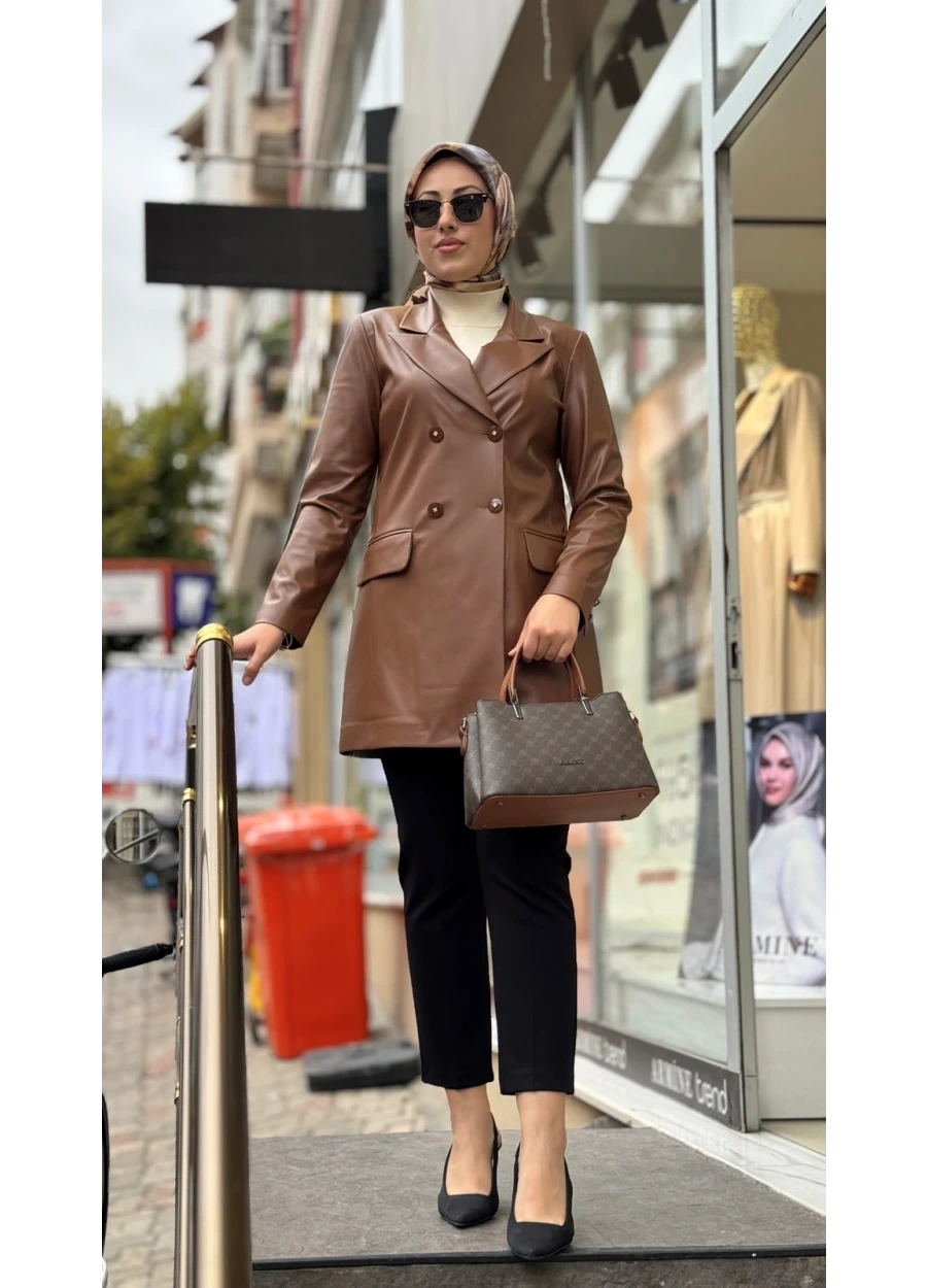 Esswaap Deri Görünümlü Çift Cepli Ceket Kahverengi