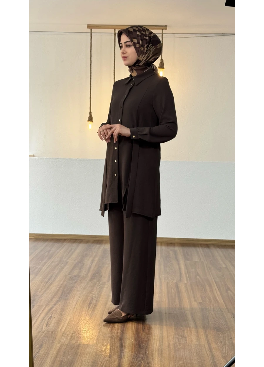 Armine Trend Kemer Detay Bol Paça Pantolonlu Takım Kahverengi