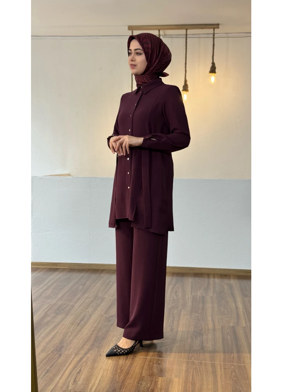 Armine Trend Kemer Detay Bol Paça Pantolonlu Takım Mürdüm