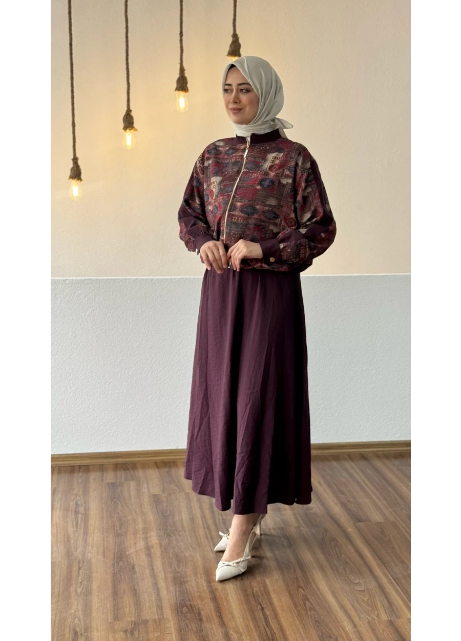 Marcha Desenli Ceket Etek Takım Mürdüm