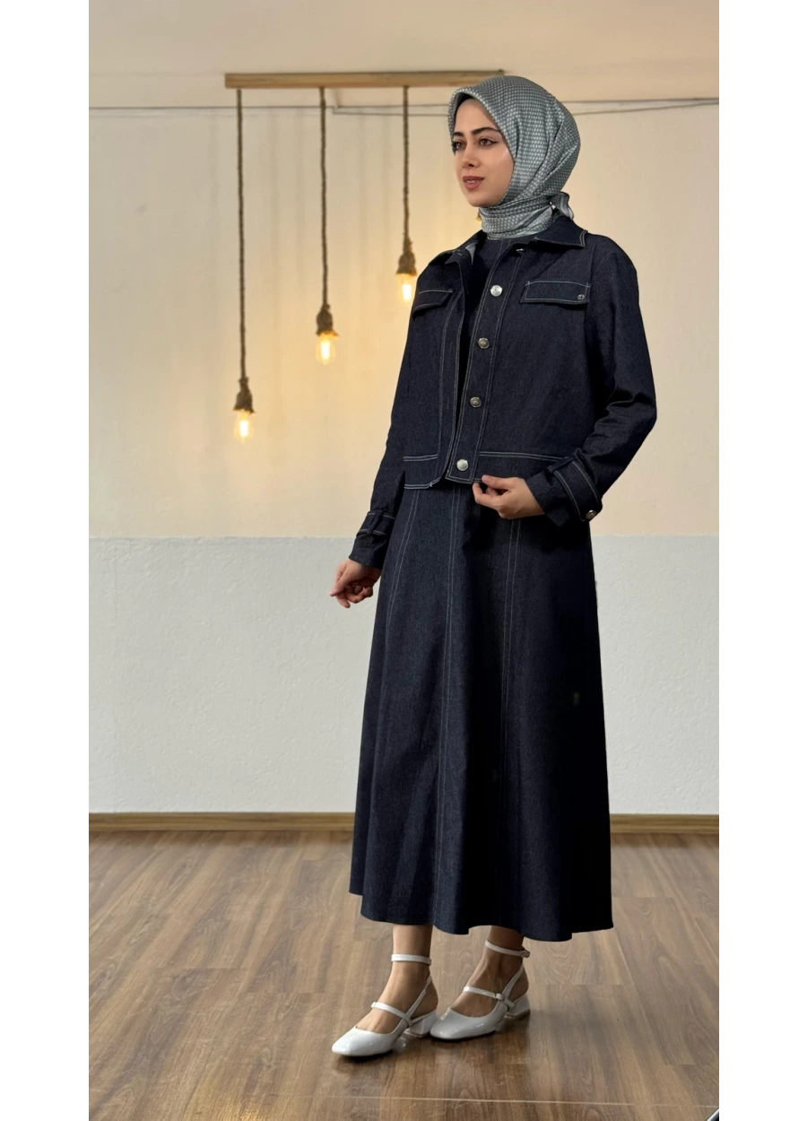 Armine Trend Sahte Cep Detay Elbiseli Takım Lacivert