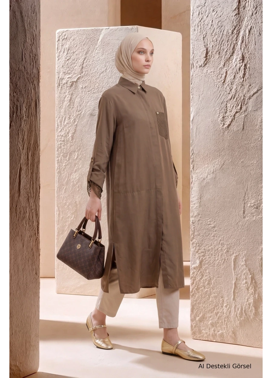 Armine Trend  File Detaylı Uzun Tunik Kahverengi