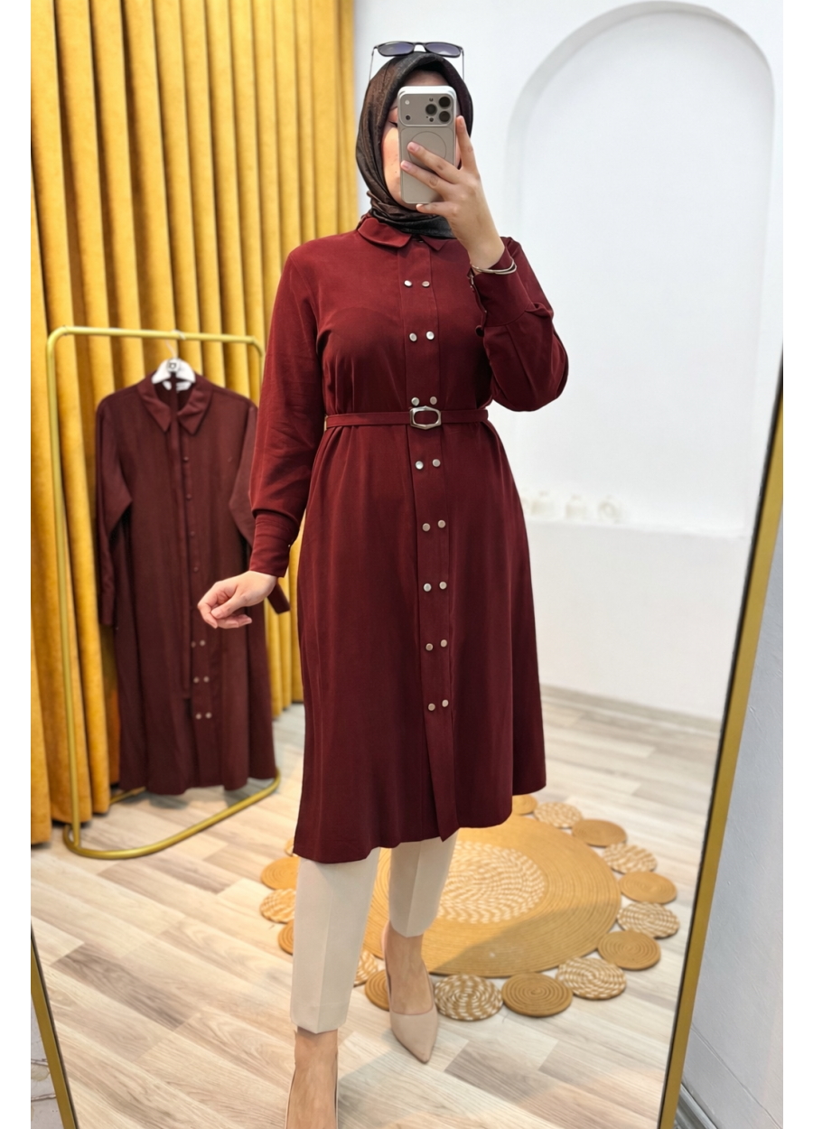 Kemerli Düğmeli Tencel Kumaş Tesettür Tunik Bordo
